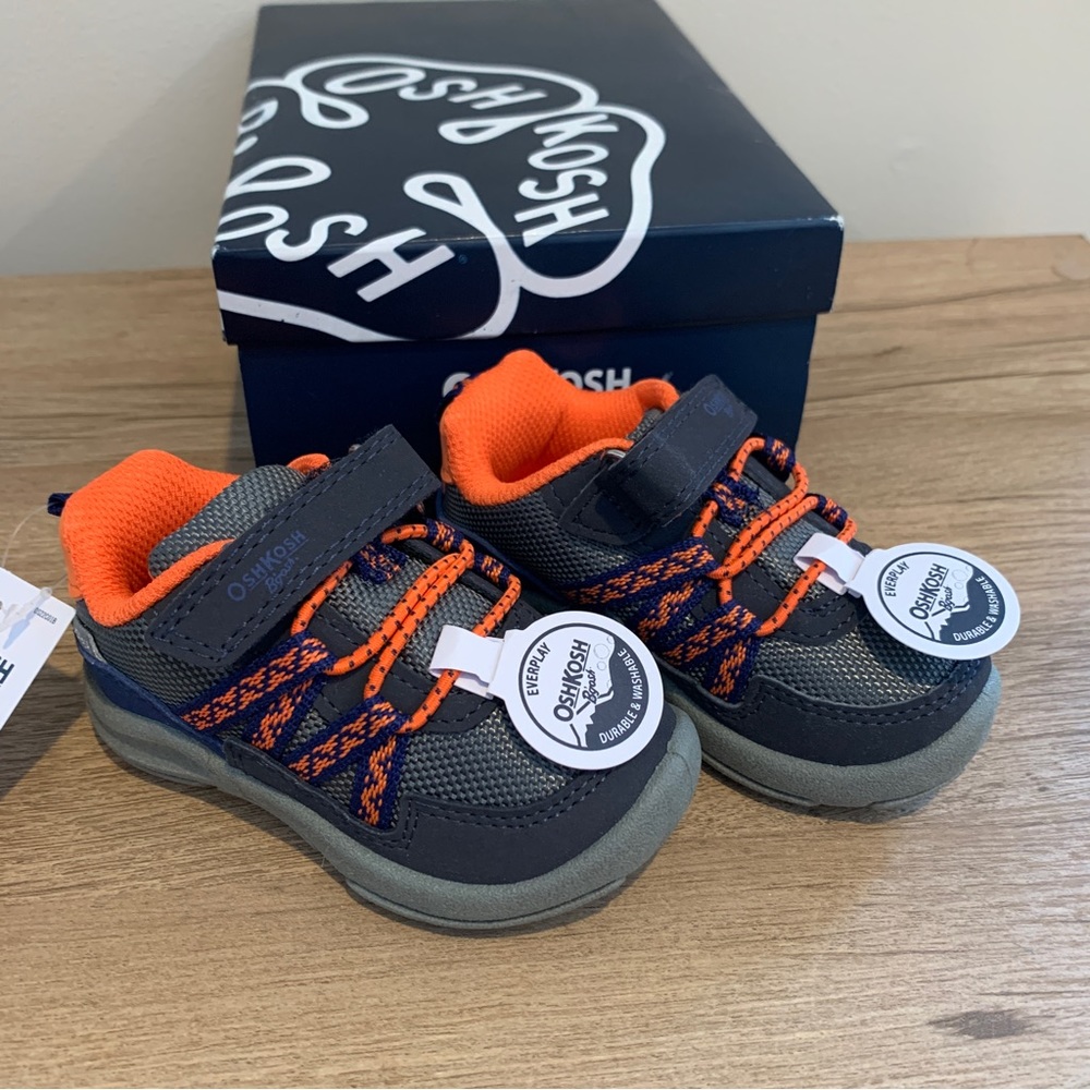 New! Oshkosh Toddler Boys Size 4 Navy Orange Sneakers Washable Shoes